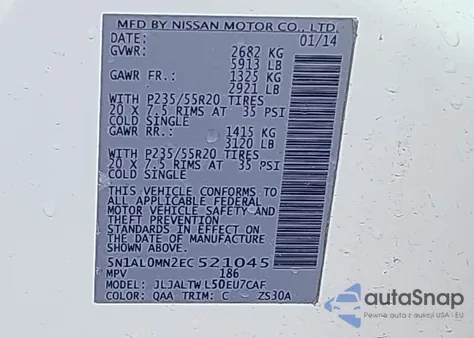 2014 Infiniti Qx60 from USA, damaged, VIN 5N1AL0MN2EC521045